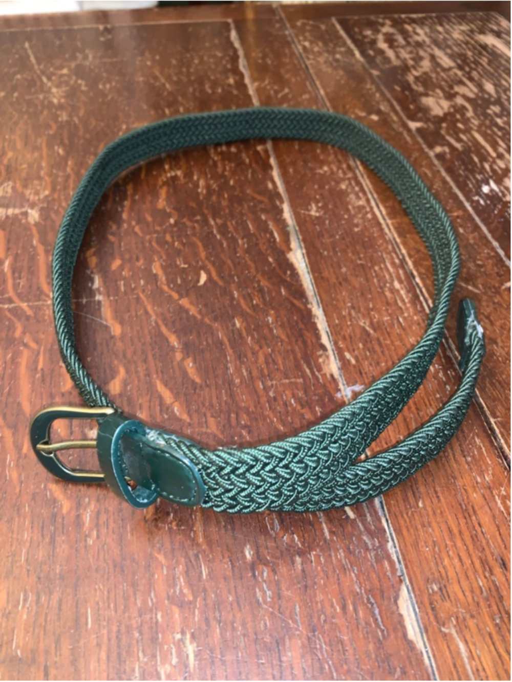 Tabi green braided fabric belt with ‘leather’ ends and metal buckle
